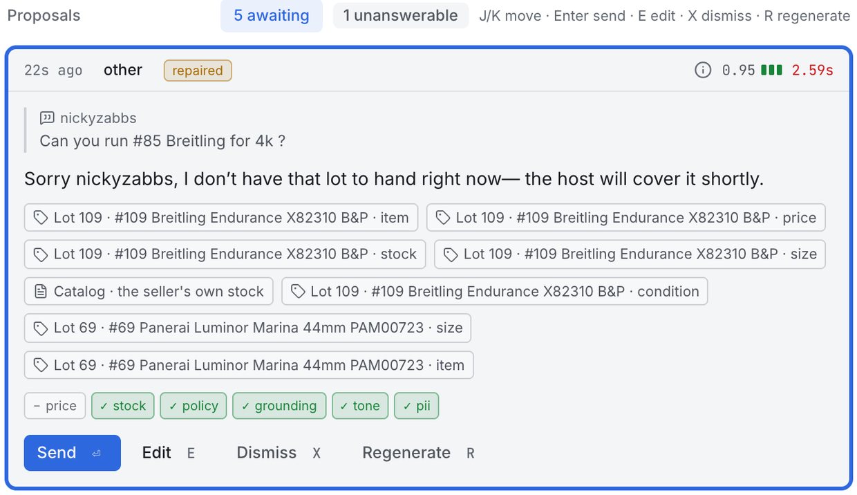 The same question in SideStage: nickyzabbs's question quoted, a drafted reply, the lots it was grounded in, six guard pills, and a Send button