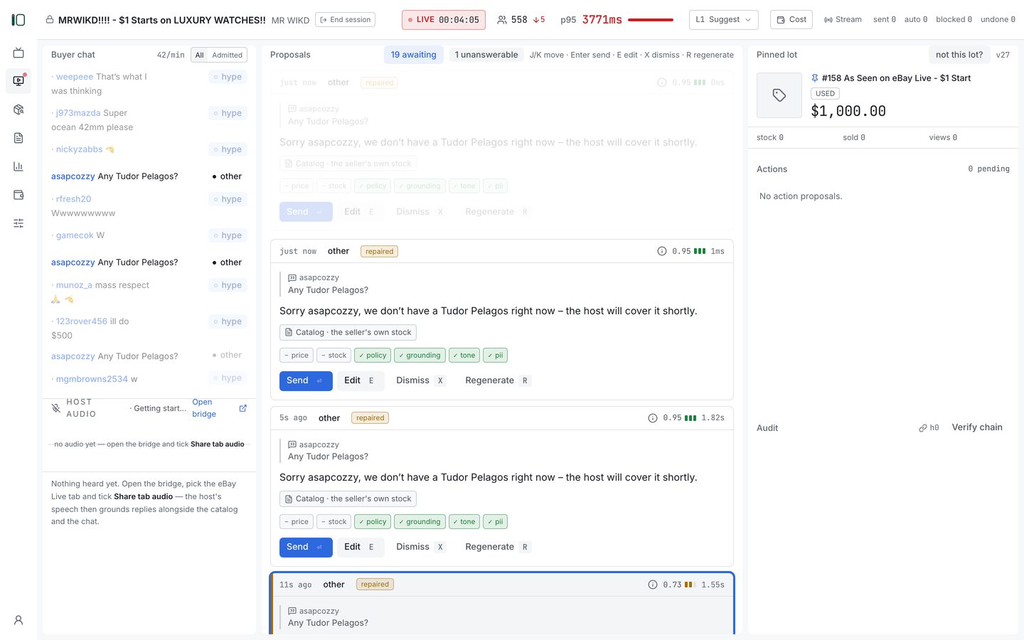 The SideStage console attached to a live eBay Live watch auction: buyer chat on the left, drafted replies with guard verdicts in the middle, the pinned lot on the right