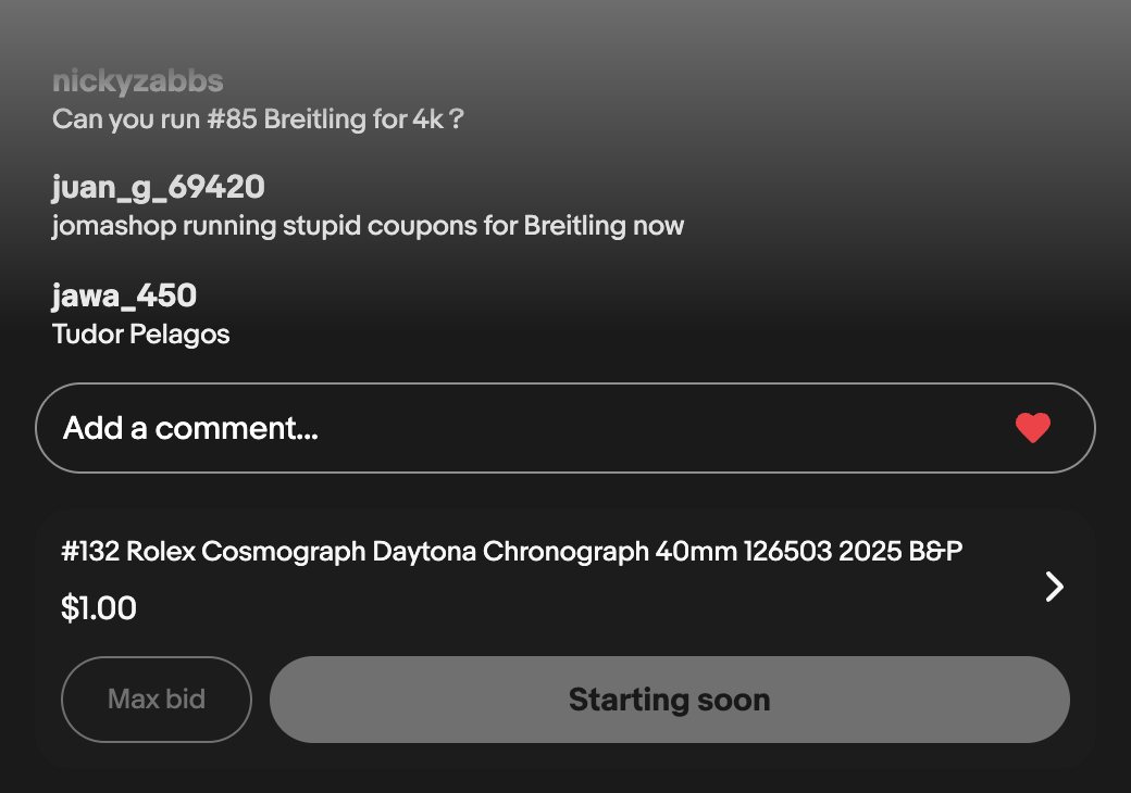 The eBay Live player as a buyer sees it: nickyzabbs asks 'Can you run #85 Breitling for 4k?', the comment box, and the lot card for a Rolex Daytona starting soon