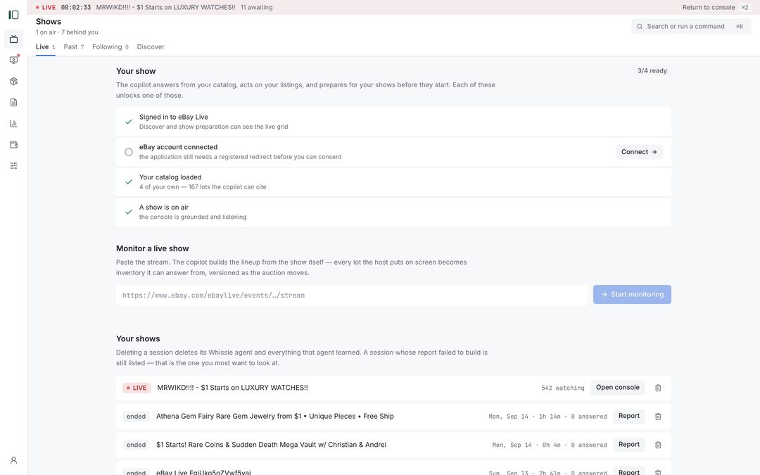 Home: readiness checks for the seller's own prepared show, beside a live eBay Live show available to attach